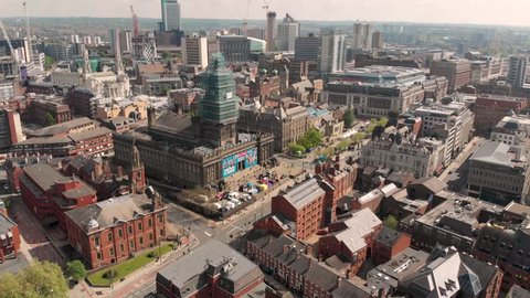 Leeds City Centre UK, 12th May 2019: Aerial photo over looking there famous historic Leeds Town Hall on the day of the Leeds Half Marathon in the Leeds City Centre in West Yorkshire