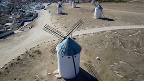 Spain. Windmills in Campo de Criptana. Ciudad Real. 4k Drone Video