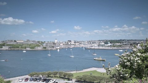 PLYMOUTH HARBOUR Plymouth UK. Overlooking the Port of Plymouth Harbour from Mt Batten, Plymouth Devon UK. The Barbican, Sutton Harbour across the water. Boats Ferries etc. Beautiful Summers day Scene