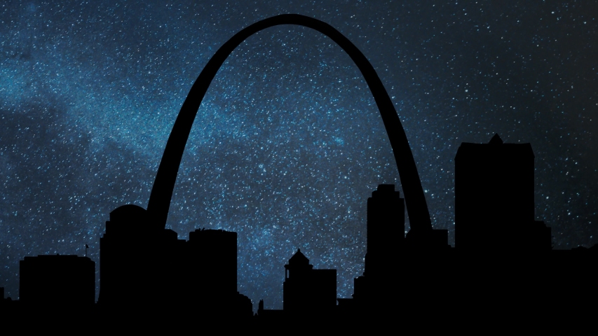St. Louis Cityscape by Night with Stars, Milky Way, Skyscrapers and Iconic Gateway Arch in Silhouette, Missouri, USA
