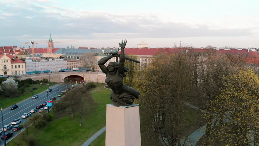 Aerial view, showing the Monument to the Heroes of Warsaw, a Warsaw Nike statue in the Polish capital.