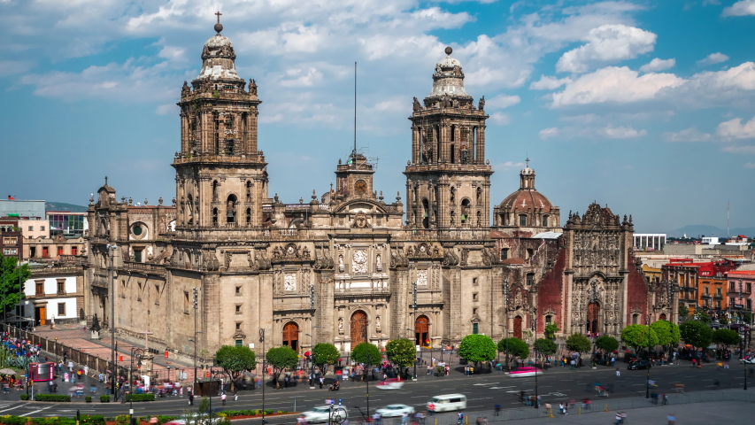 Mexico City Metropolitan Cathedral time lapse view in the Historic Center of Mexico City, Mexico. 