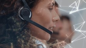Digital composite of Hispanic call centre female agent smiling. Constellations and interface codes are seen in the foreground - Powered by Shutterstock - Get 15% off with code: PIKWIZARD15