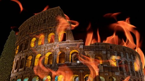 Colosseum Rome on fire or burning at night video 4k