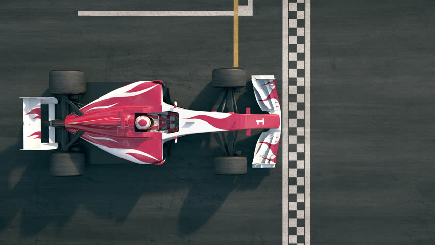 Top view of a generic formula one race car driving across the finish line in slow motion - realistic high quality 3d animation