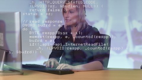 Digital composite of Caucasian female call centre agent typing on computer. Interface codes can be seen in foreground