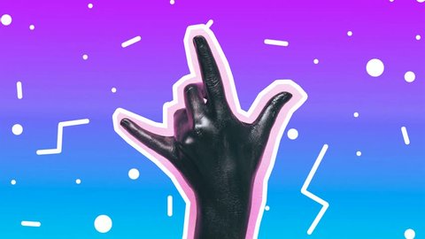 Fashion animation design. Dancing painted hand with horns gesture on gradient  background. Rock-n-roll concept 