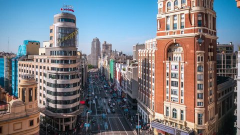 Madrid, Spain - October 12: Time lapse view of traffic on Gran Via street in central Madrid, the capital and largest city in Spain.
