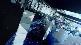 3D Animation International Space Station Orbiting Planet Earth. Space Satellite Exploring The Surface Of The Earth. Elements of this image furnished by NASA.
