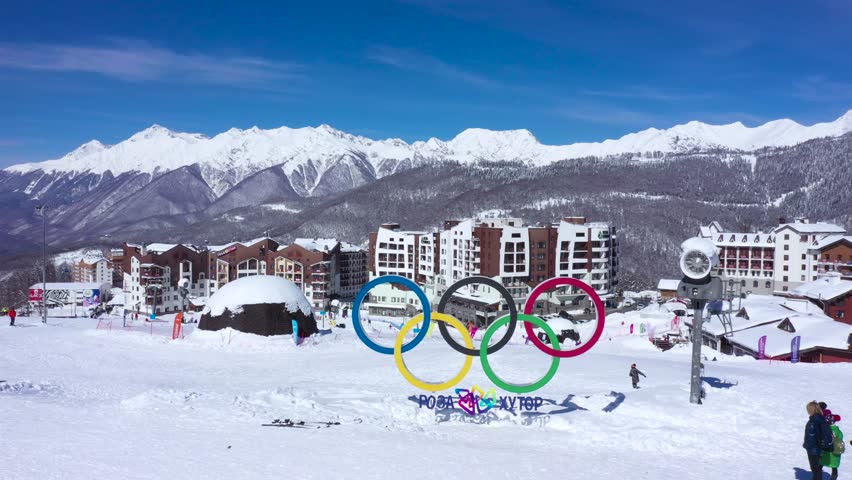 05 March 2019. Top view of the Olympic symbol on Rosa Khutor ski resort on a Sunny winter day
