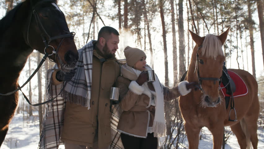 Happy romantic couple holding tea cups, caressing horses, smiling and chatting while having a break during ride in forest on winter day