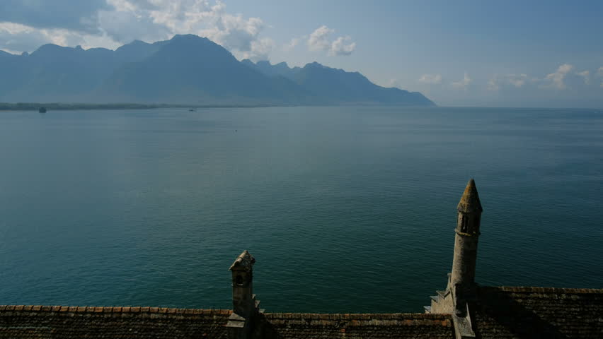 Overlooking the beautiful blue Lake Geneva from the town of Veytaux in Switzerland.