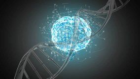 Digital animation of a rotating brain with a DNA helix. The foreground is filled with program codes and a network of lines and dots - Powered by Shutterstock - Get 15% off with code: PIKWIZARD15