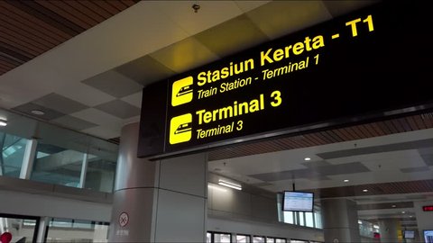 Jakarta / Indonesia - April 20th, 2019: Sign Board at Skytrain Station, Terminal 2 Soekarno Hatta Airport