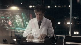 Medical Scientist interpreting  CT / MRI Brain Scan Images on a Transparent Display Computer at his office working late at night. Patient's diagnosis on holographic display in the near future. - Powered by Shutterstock - Get 15% off with code: PIKWIZARD15