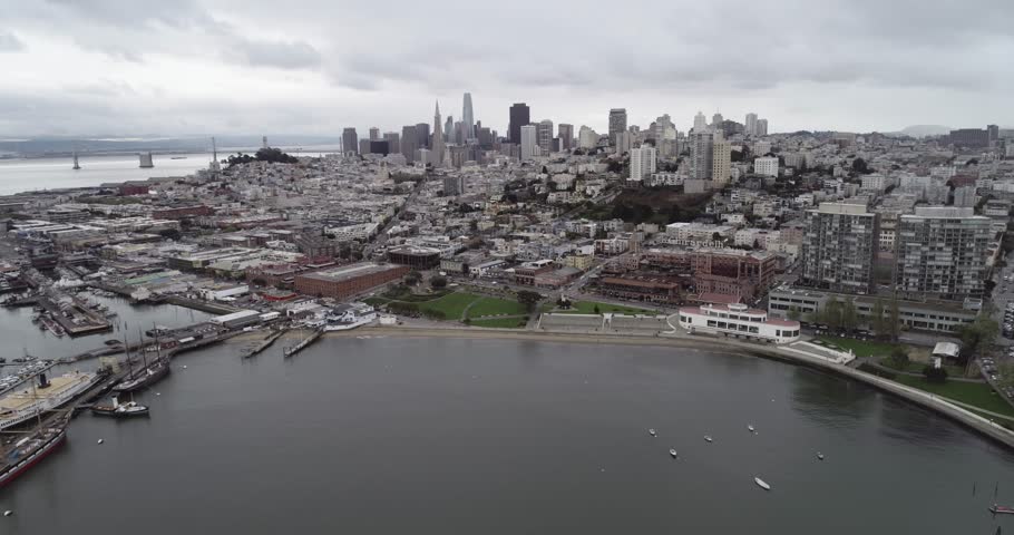 Aquatic Park Pier , Cove and Municipal Pier in San Francisco. Maritime National Historic Park in Background. Cityscape of San Francisco. California.