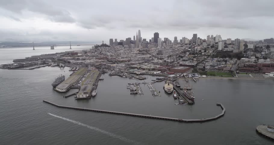 Aquatic Park Pier , Cove and Municipal Pier in San Francisco. Maritime National Historic Park in Background. Cityscape of San Francisco. California.