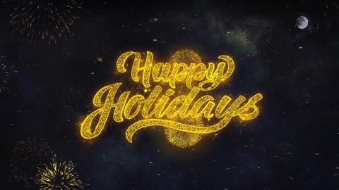 Happy Holidays Text Typography Reveal From Golden Firework Crackers Particles Night Sky 4k Background. 