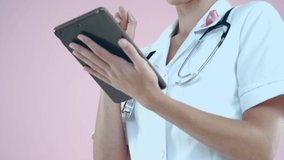 Digital composite of a female Caucasian doctor using a tablet while chemical structures appear in the foreground. - Powered by Shutterstock - Get 15% off with code: PIKWIZARD15