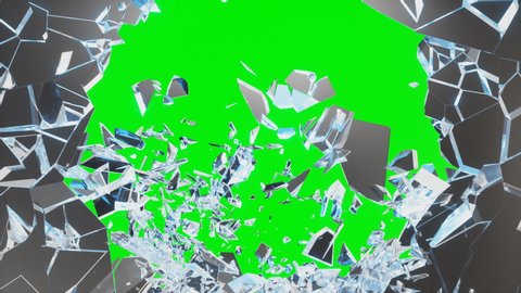 Abstract broken glass into pieces. Wall of glass shatters into small pieces. Place for your banner, advertisement. Explosion caused the destruction of glass, 4K 3D animation on a green background