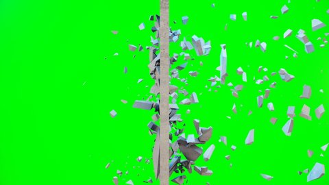 Concrete wall flying into small pieces. Cracked earth. Slow motion effect. Explosion, destruction, broken, concrete wall. Isolated on green background, 4K 3D animation on a green background