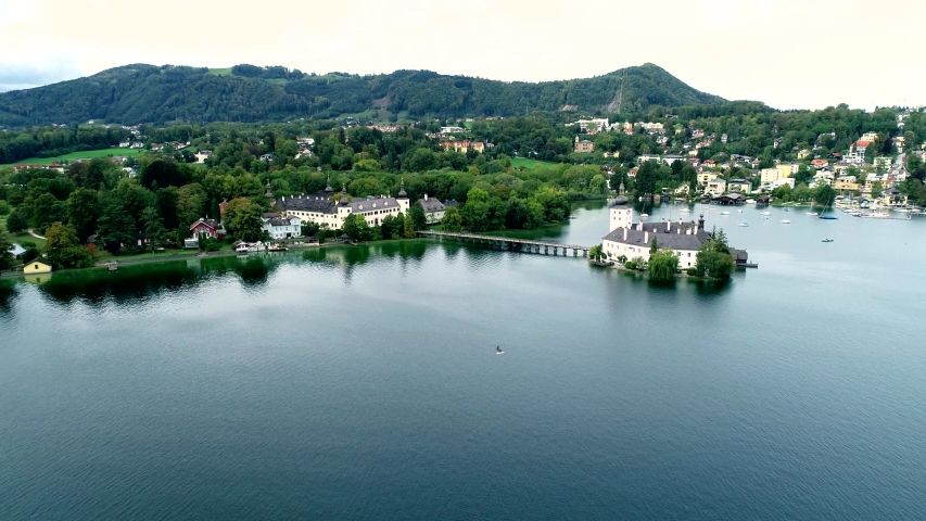 Aerial view of Gmunden Schloss lake in Austria