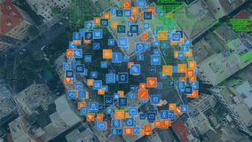 Digital animation of digital application icons arranged in a sphere with background of an aerial view of buildings and program codes in the foreground - Powered by Shutterstock - Get 15% off with code: PIKWIZARD15