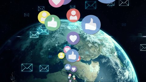 Digitally generated animation of social media icons and digital envelope moving across the screen while background shows the earth in the galaxy.