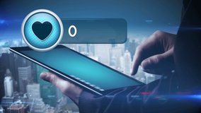Digitally generated animation of a heart icon with increasing numbers and torso of a man uses a digital tablet and background of a cityscape. - Powered by Shutterstock - Get 15% off with code: PIKWIZARD15