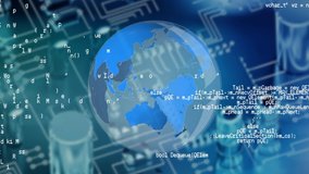 Digital animation of a rotating globe. Behind it is a circuit board acting as a background. Program codes are running in the foreground - Powered by Shutterstock - Get 15% off with code: PIKWIZARD15