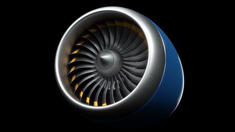 Animation jet engine, close-up view jet engine blades. Jet engine isolated on black background. Animation of rotating blades of the turbojet. Part of the airplane. Loop-able, seamless 4k animation