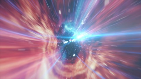 Seamless travel through a wormhole through time and space filled with millions of stars and nebulae. Wormhole space deformation, science fiction. Black hole, vortex hyperspace tunnel. 4k animation