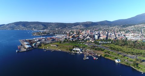 Aerial drone shot of Hobart in Tasmania, Australia.