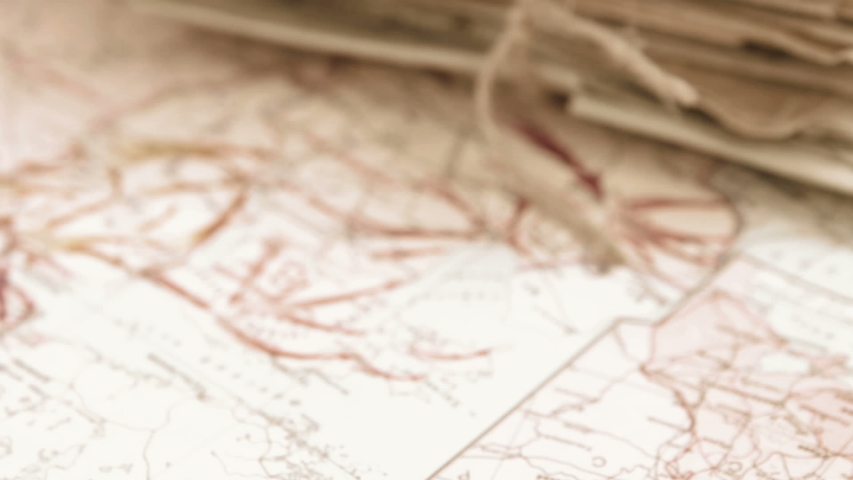 Batch of the postal letters of the war time lying on the military operations map of the World War II, 1944. Map published in 1948