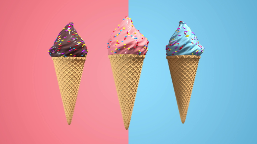 3D realistic ice cream with waffel cone and decorative sprinkles on pastel background. Green screen footage. 4K seamless loop render animation.