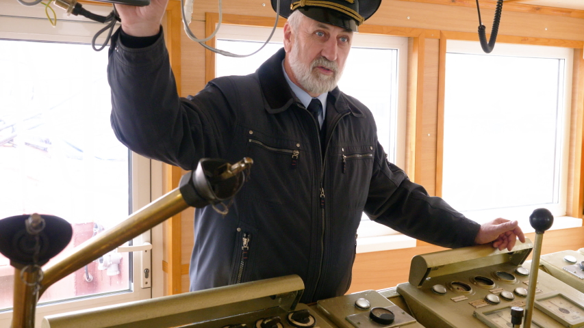 Captain Cabin Ship Sailors Women Seniors Team. Machinery Demonstration Wheelhouse Equipment Navigation Devices Cargo Boat Dashboard Water Transportation Retro Monitor Apparatus Marine Fleet Concept 4K