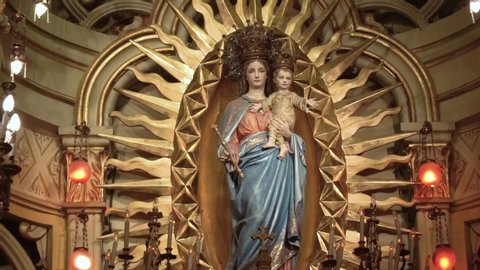 BUENOS AIRES - October 27. 2017:church Basilica Maria Auxiliadora y San Carlos Buemos Aires Argentina. Statue of the Holy Virgin Mary with Jesus in her arms in church