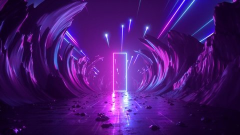 3d abstract background, neon light, cosmic landscape, meteor shower, falling stars, flight forward through corridor of rocks, virtual reality, outer space, celestial panorama, extraterrestrial anomaly