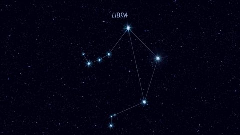 Libra (The Balance) constellation, gradually zooming rotating image with stars and outlines, 4K educational video