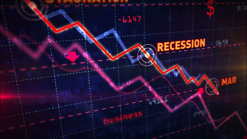 Stock markets down dynamic chart on dynamic blue background. Concept of stagnation, recession, crisis, business crash and economic collapse. Downward trend 3d animation. Royalty-Free Stock Footage #1029498503