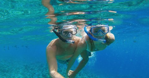 POV shot of young attractive couple snorkeling together holding hands in tropical ocean water with fish, summer vacation fun