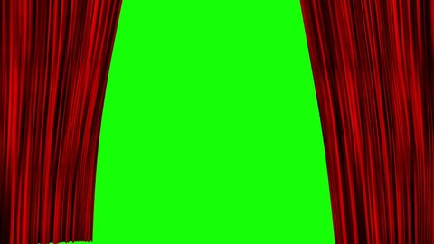 3d Animation of a red theater curtain with spotlight opening and closing to reveal a green screen or chroma key background in the stage. Theater, cinema or opera curtain moving in slow motion.