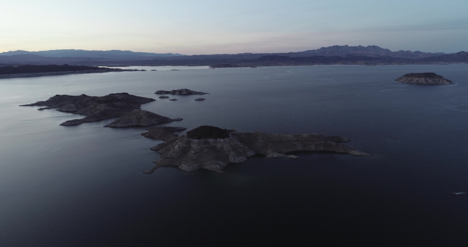 Lake Mead in Nevada. Big Boulder and Littler Boulder Islands, Rock Island in Background. Colorado River in Background. 4k
