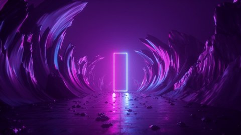 3d abstract background, neon light, flight backward through corridor of rocks, extraterrestrial landscape anomaly, virtual reality, outer space panorama, ultraviolet spectrum, paranormal phenomenon