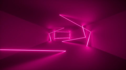 flight through endless corridor, pink neon light, glowing lines, frames, abstract neon background, virtual reality interface, moving inside tunnel
