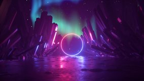 3d abstract background, mysterious cosmic landscape, neon light ring shape, flight back through corridor of rocks, outer space anomaly, virtual reality, aurora borealis in night sky