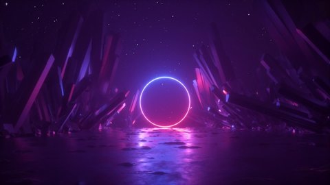 3d abstract background, neon light ring shape, mysterious cosmic landscape, flight forward through corridor of rocks, virtual reality, outer space, celestial panorama, extraterrestrial anomaly