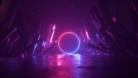 3d abstract background, neon light, cosmic landscape, meteor shower, falling stars, flight forward through corridor of rocks, virtual reality, outer space, celestial panorama, extraterrestrial anomaly