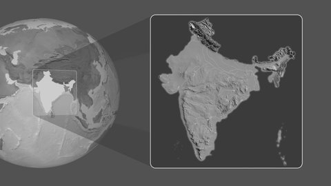India area bounds outlined on the end cap of rectangular tube and animated against the spinning bilevel globe