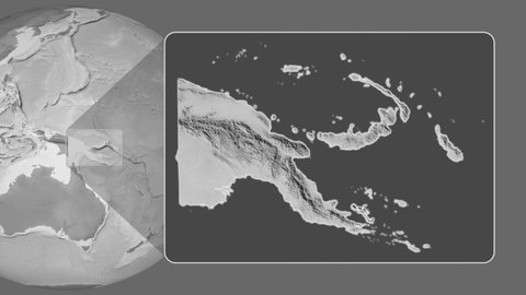 Papua New Guinea area bounds outlined on the end cap of rectangular tube and animated against the spinning grayscale globe